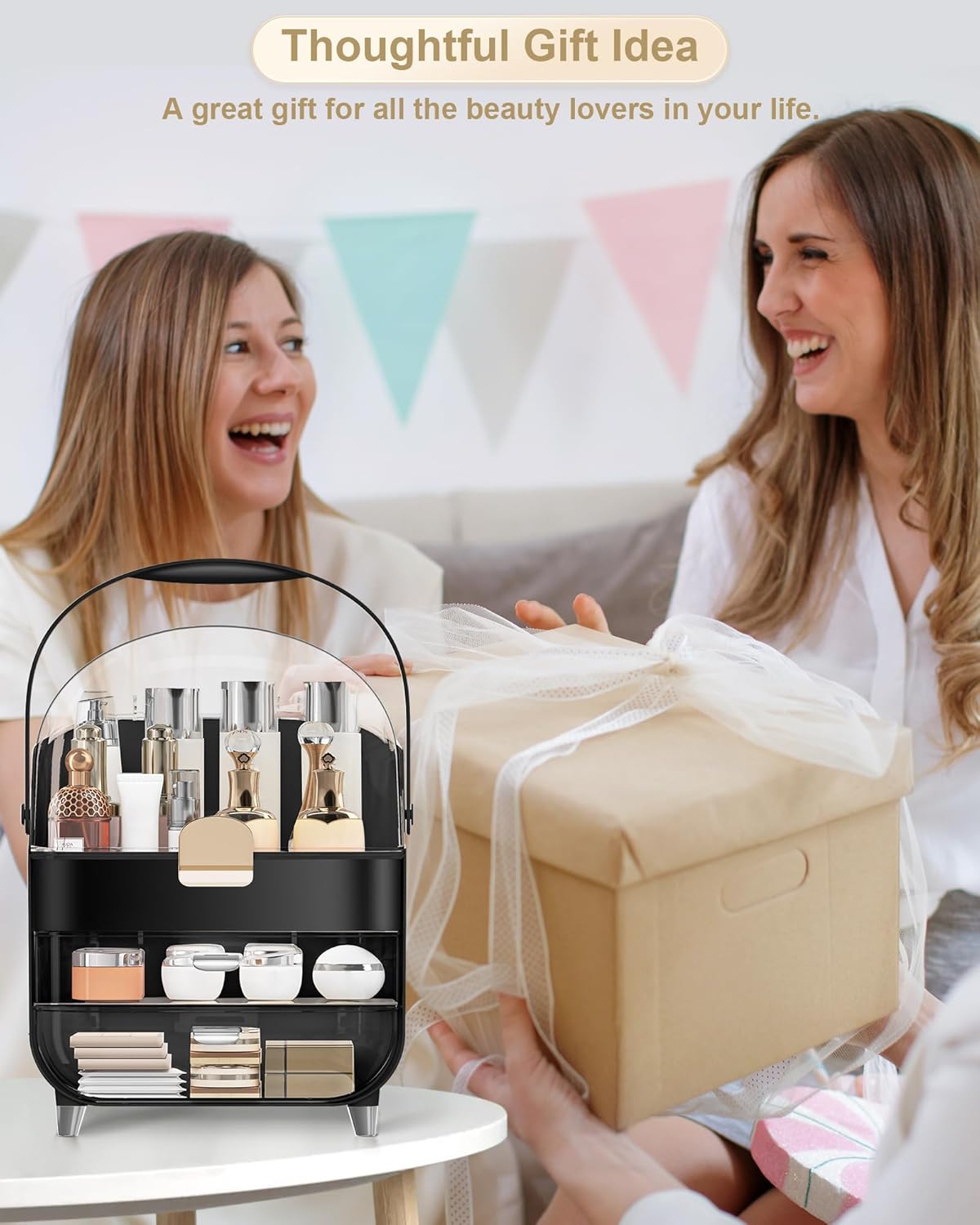 Makeup Organizer Countertop, Skincare Holder Bathroom Counter Organizer, Storage Box Cosmetic Display Cases, Teen Girl Gifts Make up Organizers for Vanity, Dresser (Black)
