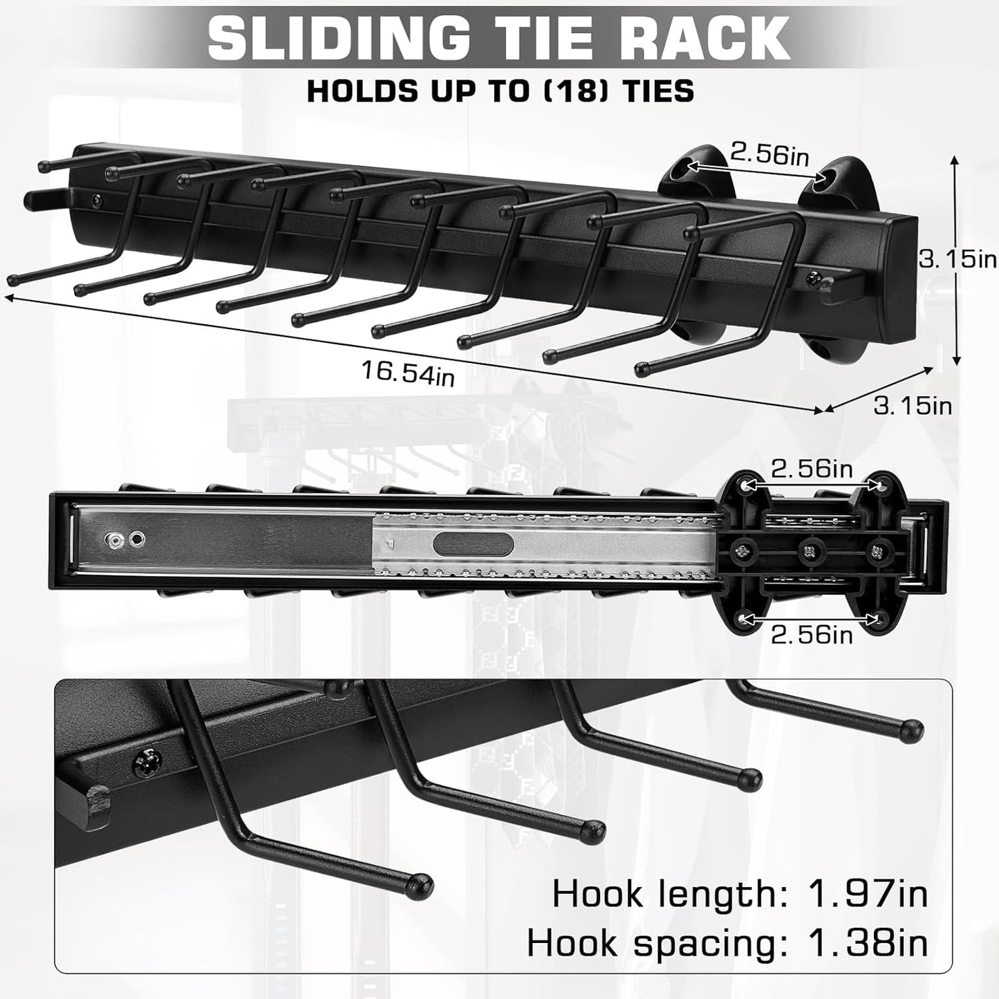 Sliding Tie Racks, 18 Tie Hanger Pull Out Belt Rack 16.5'' Aluminum Alloy Extendable Wardrobe Closet Organizer with 18 Hooks for Belts, Ties, and Scarves, 16.5'' x 3.15''(Sprayed Black)