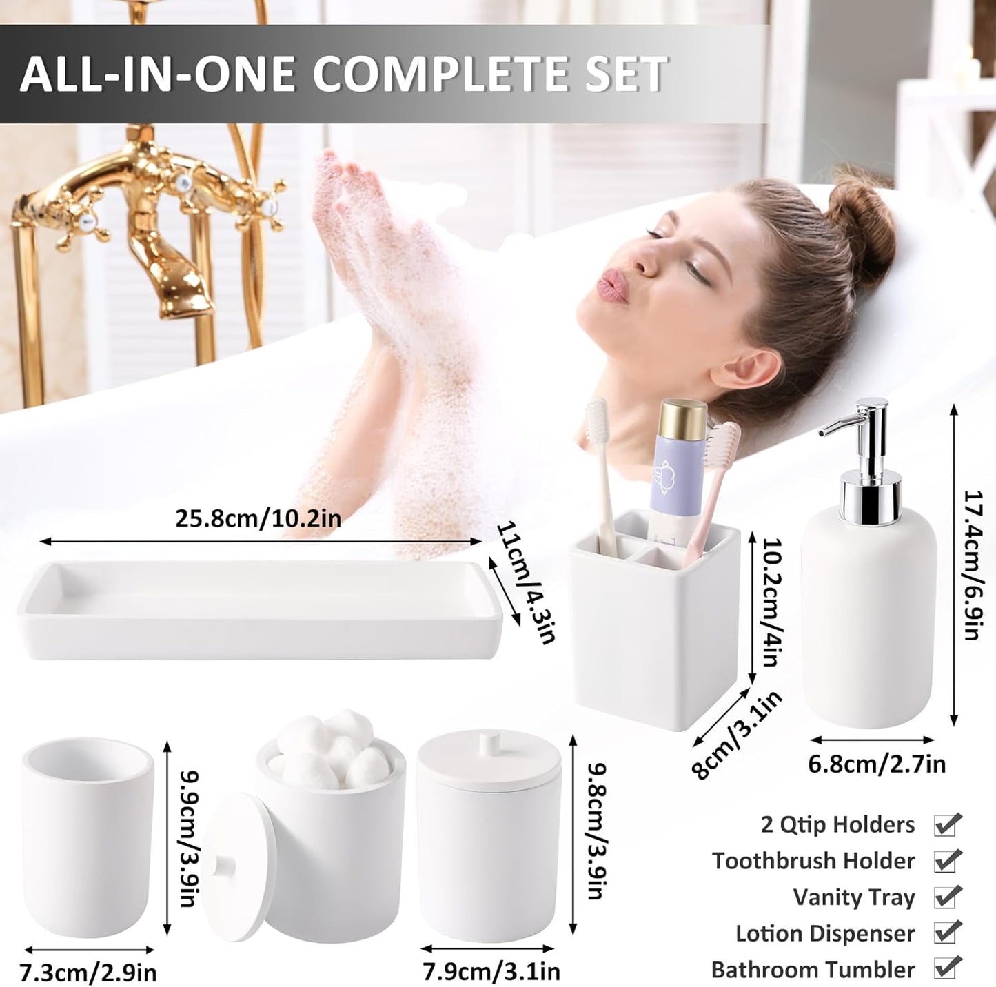 Resin 6 Pcs White Bathroom Set Complete with Toothbrush Holder, Lotion Soap Dispenser, 2 Qtip Holder Dispensers,Vanity Tray,Bathroom Tumbler - Countertop Vanity Organizer - Bathroom Accessories Set