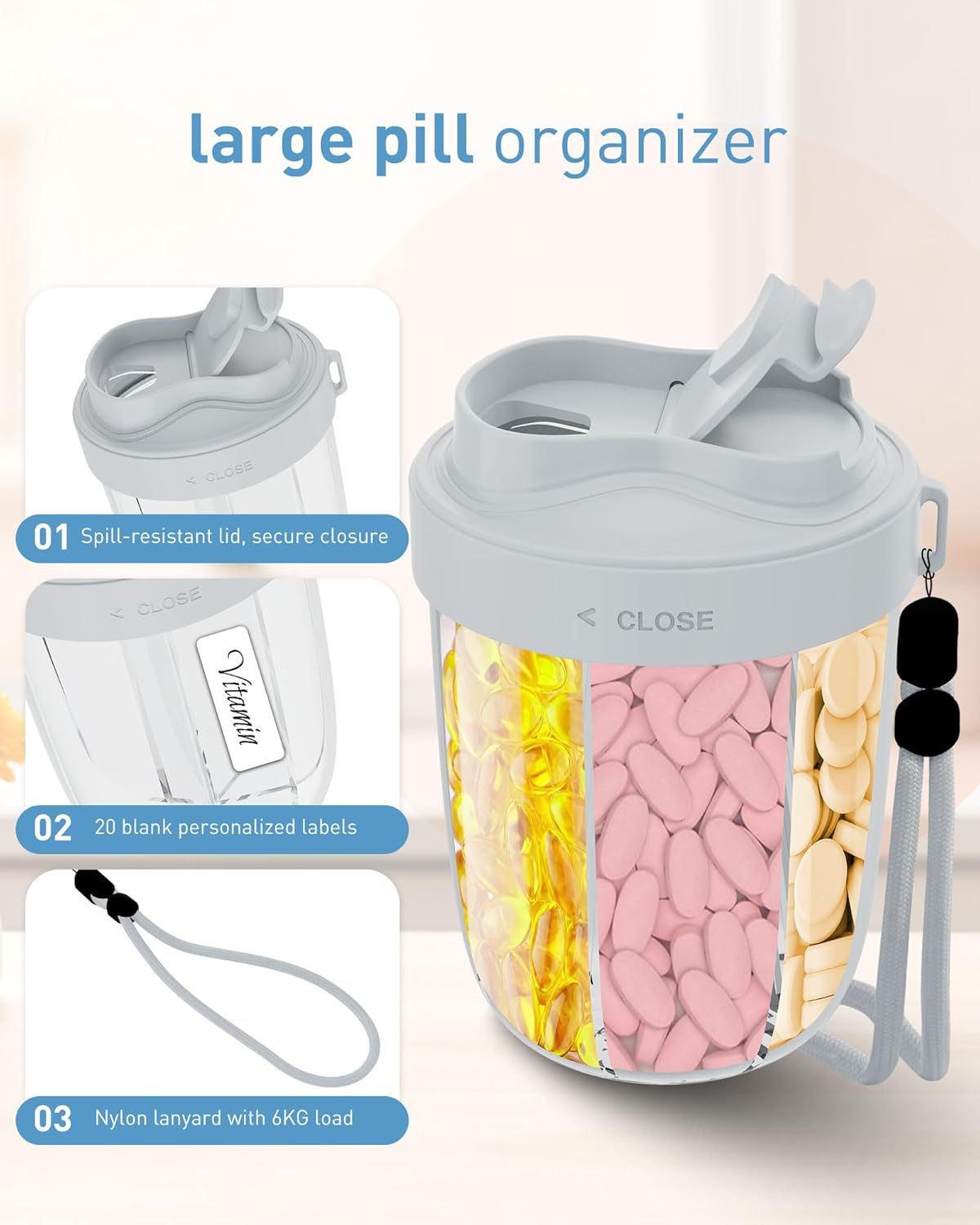 Large Pill Organizer,Supplement Organizer for 7 Different Vitamins,Pill Dispenser with Anti-Mixing Design,Easy to Retrieve Meds,Includes 20 Pcs Labels,Travel Pill Organizer(Gray)