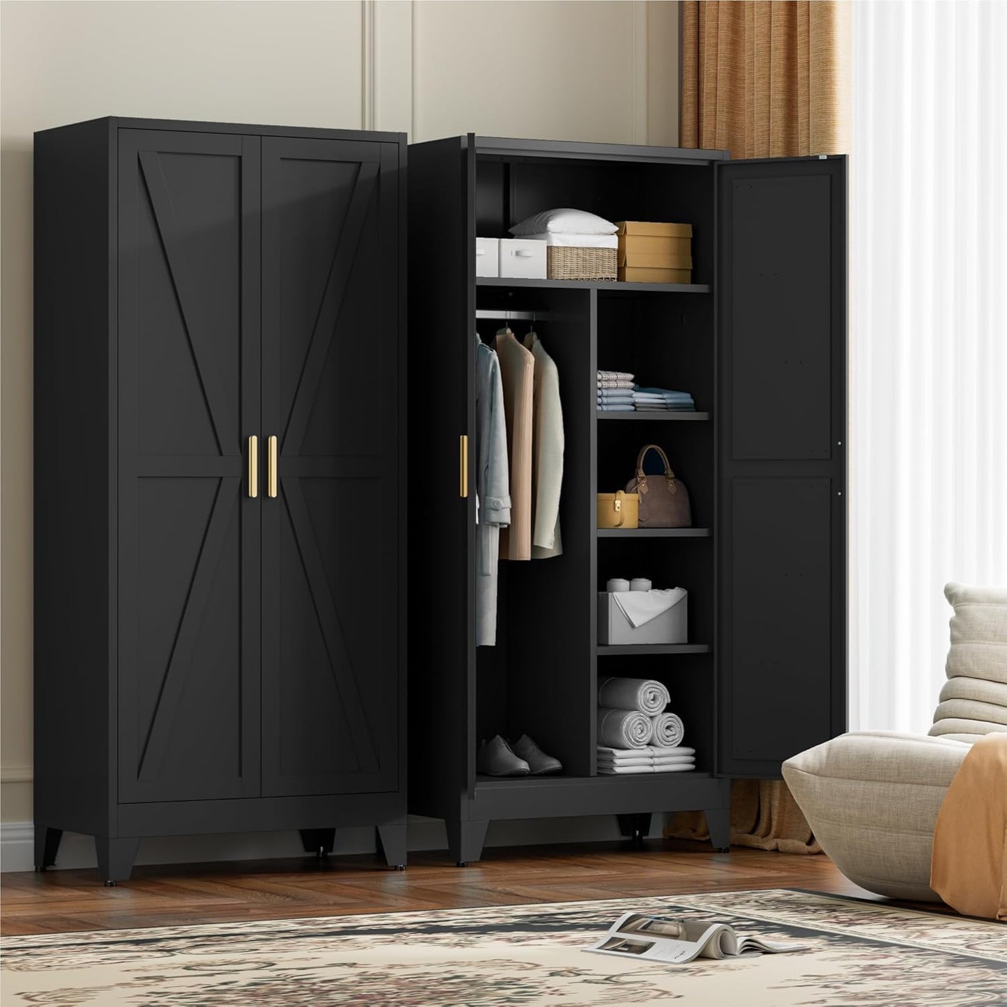 71" Tall Metal Wardrobe Closet with Adjustable Shelves and Hanging Rod, 2 Doors Office Storage Locker Cabinet for Home, Office, Bedroom, Laundry Room, Black