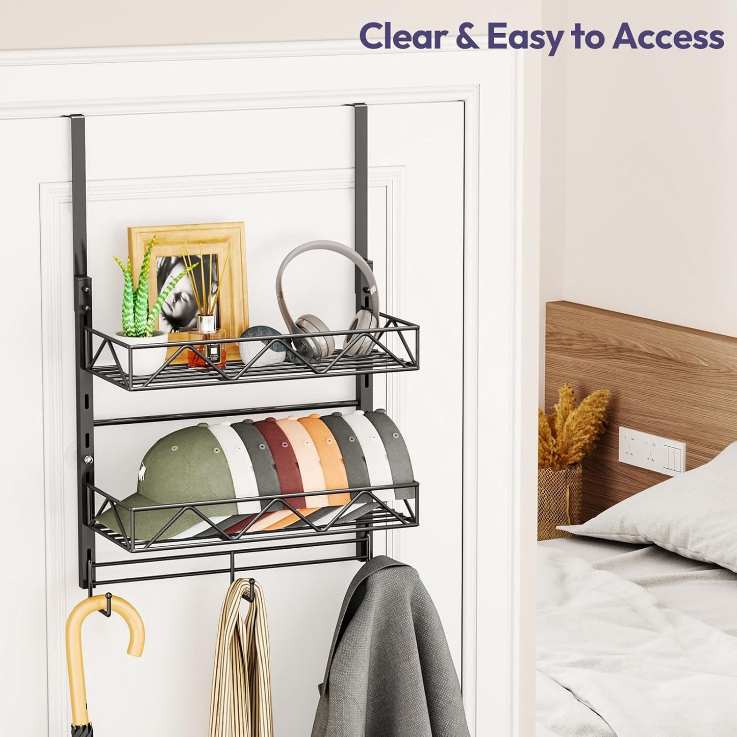 SWTYMIKI Over Door Hat Organizer - 3 Tier Wall Mounted Hat Rack with 2 Adjustable Metal Basket and 3 Hooks, Hanging Baseball Cap Organizer Storage Holds up to 29 Caps for Door, Bedroom, Closet