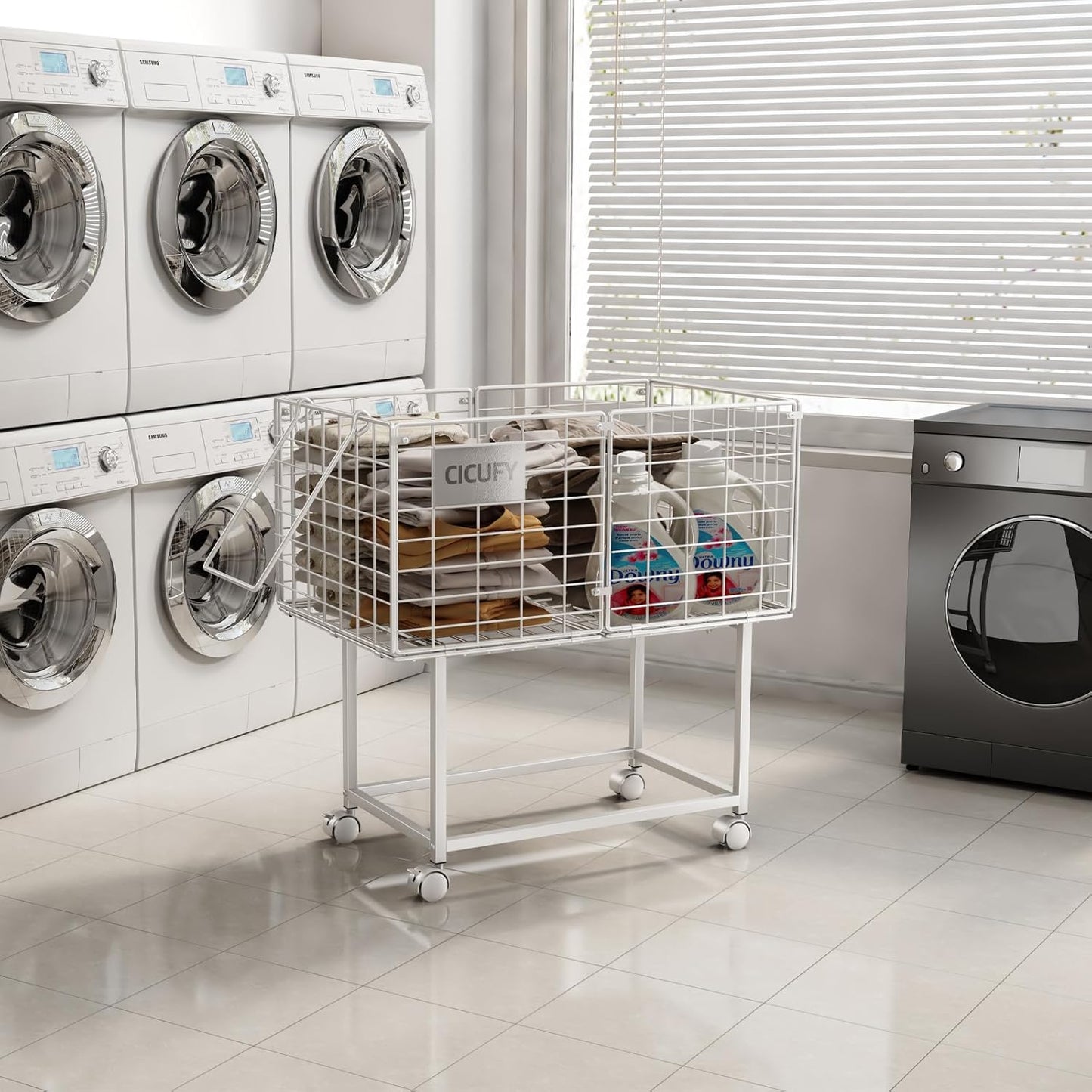 Wire Laundry Hamper, 80L Rolling Laundry Basket Cart on Wheels, Dirty Clothes Basket with Handle, Metal Clothes Hamper Organizer for Laundry Room, Bathroom, Bedroom, Dorm, White