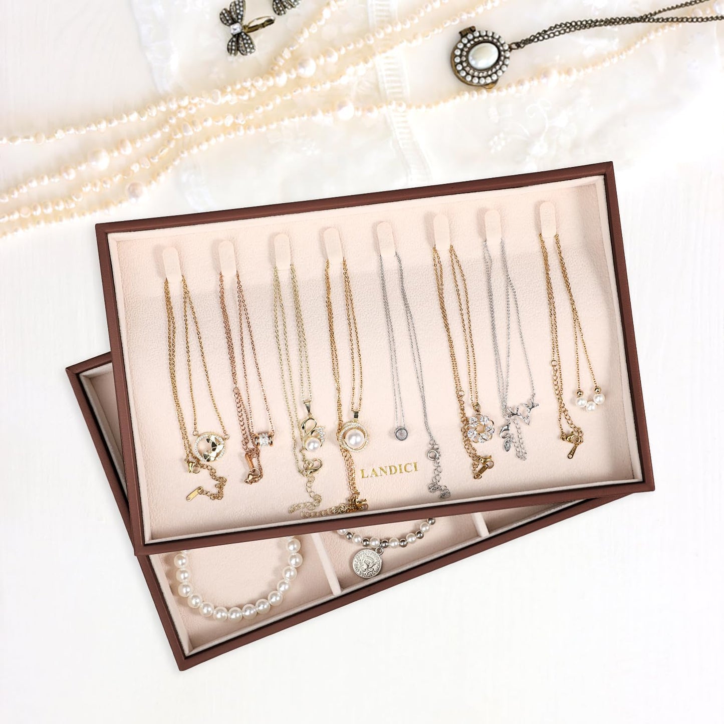 LANDICI Stackable Jewelry Organizer Trays 4 Set,PU Leather Jewelry Organizer Drawer,Jewelry Storage Display Tray for Earring Necklace Rings Bracelet with Removable Dividers,Coffee