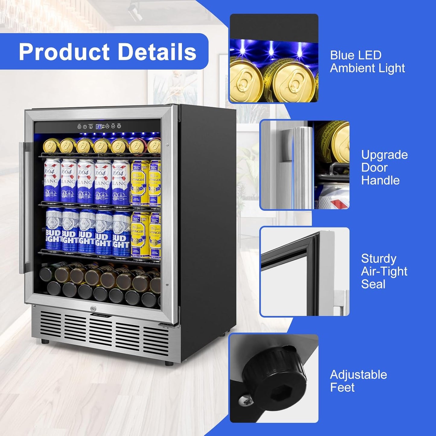 Beverage Refrigerator 24 inch-200 Can Drink Fridge with Glass Door, Under Counter/Freestanding Beverage Cooler with Temperature Memory, Reversible Door, Quick Cooling, Cooler for Beer, Soda, Wine