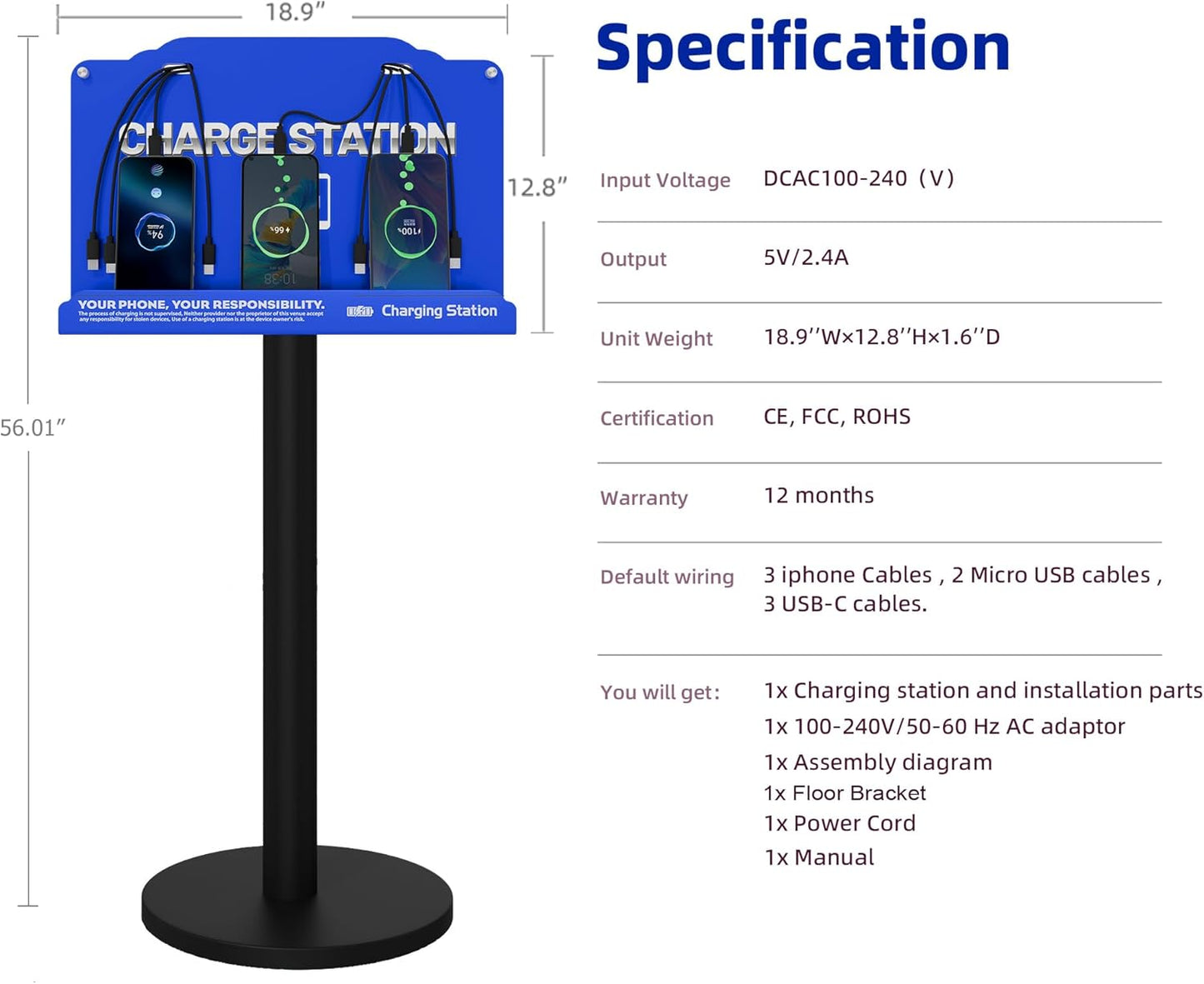 Floor Standing Cell Phone Charging Station with Fast Charigng Cables – 8 Device Charging Dock for Office, Hotel & Public Spaces | Compatible with iPhone ipad Smartphone Tablets Android Port (Blue)