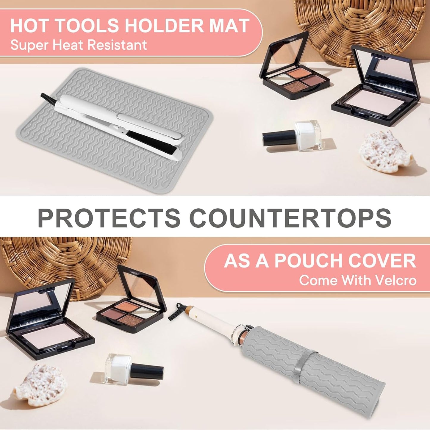 Oversize Silicone Heat Resistant Mat, Portable Travel Mat Cover with Velcro for Curling Irons, Flat Irons, Hair Straightener and Hot Hair Styling Tools(14.2" x 11")