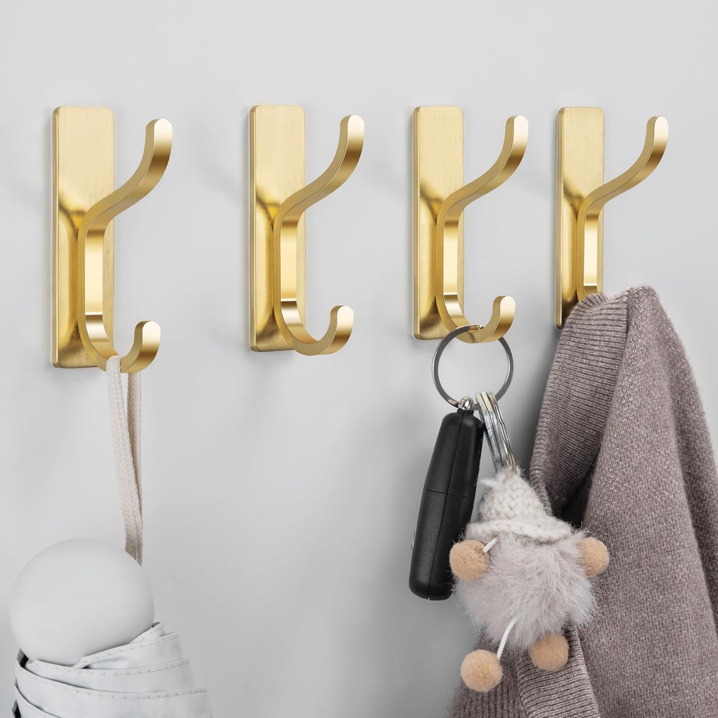 Gold Adhesive Wall Hooks for Hanging - Heavy Duty 13 lb Sticky Towel Hook for Bathroom, Door, Closet, Dorm, RV, Kitchen, Hanger for Coats, Bags, Keys, Purse, Clothes - Stainless Steel, 4 Pack