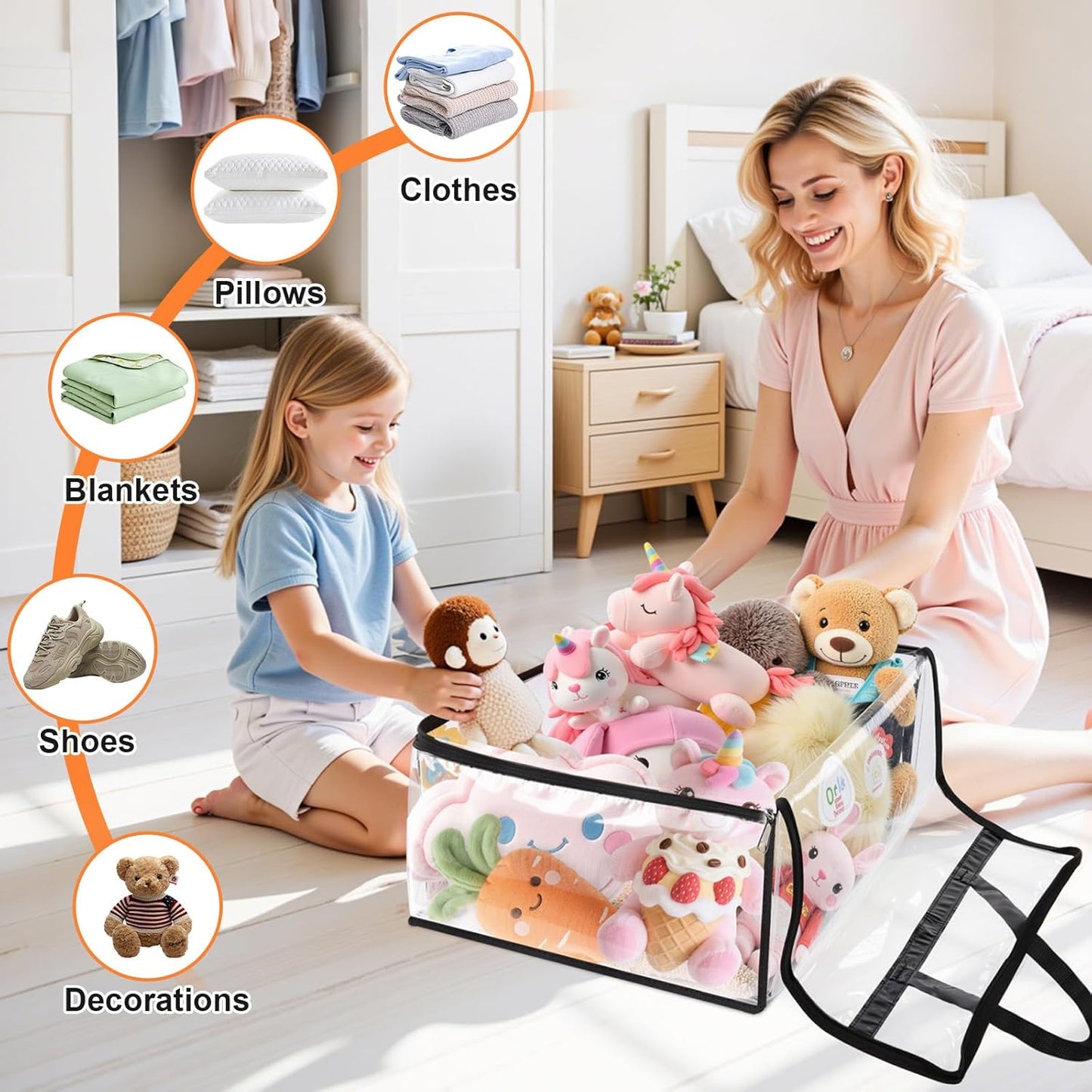4 Pack Storage Bags, Clear Under Bed Storage and Closet Organizers Containers, 40L Foldable Moving & Packing Bags with Zippers for Comforter, Bedding, Duvet, Blanket & Toy Storage