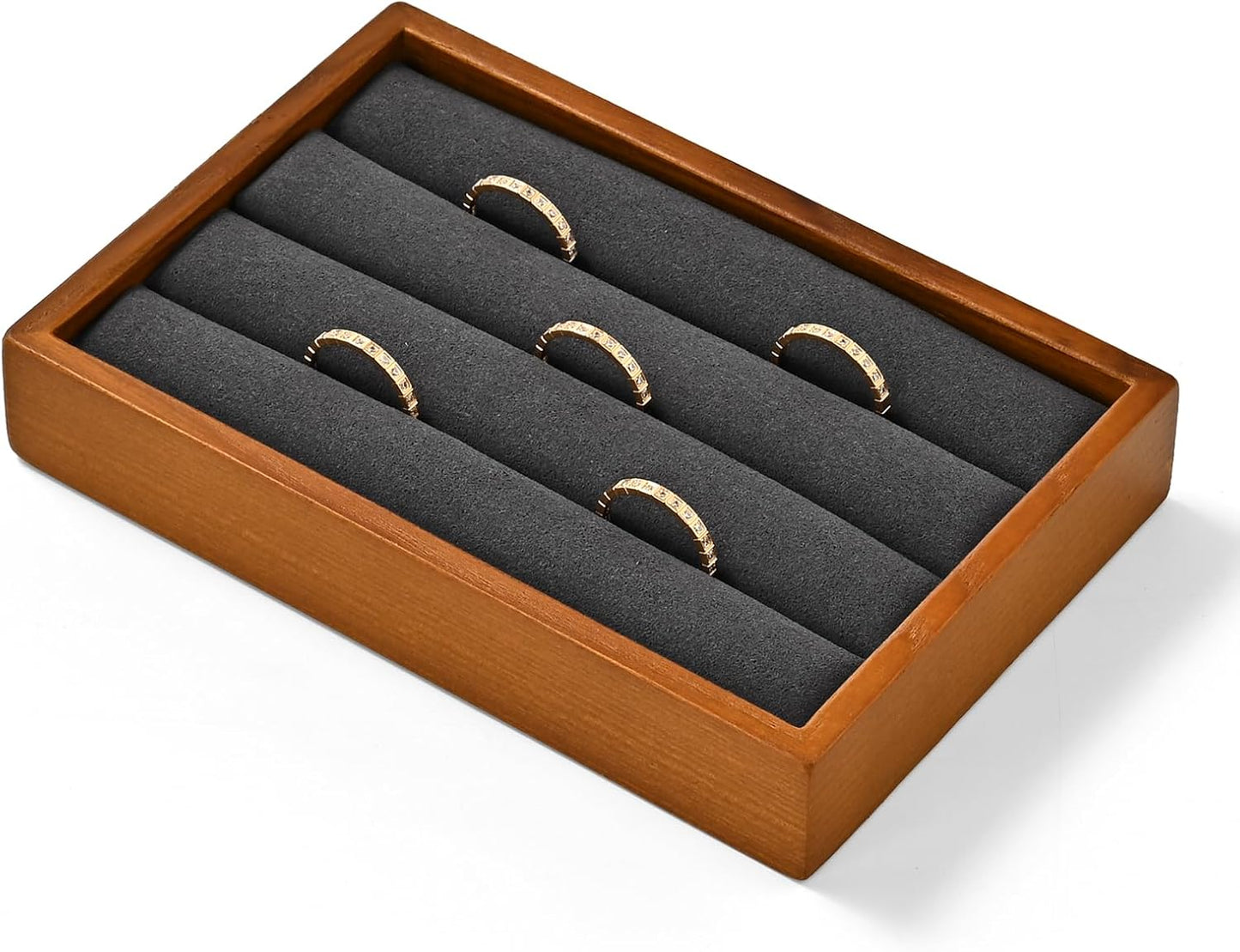 Solid Wood 3-Slots Jewelry Ring Display Tray Showcase Small Jewelry Display Organizer Tray for Rings(M,Grey)