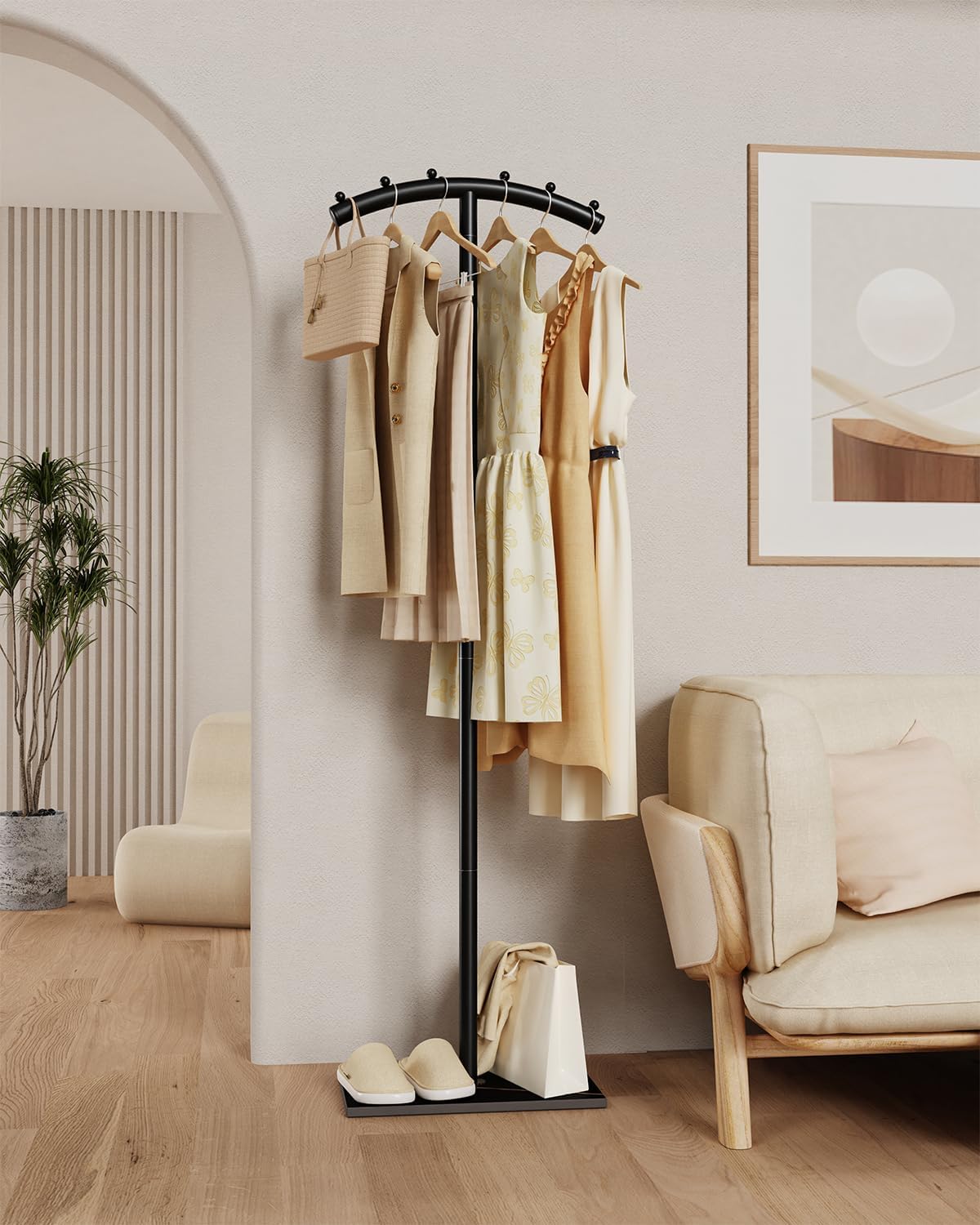 Arcuate Garment Rack, T-shaped Coat Tree Freestanding, Metal Clothes Racks, Natural Stable Rock Base, Suitable For Outerwear, Clothes, Handbags, 68.9in, Black
