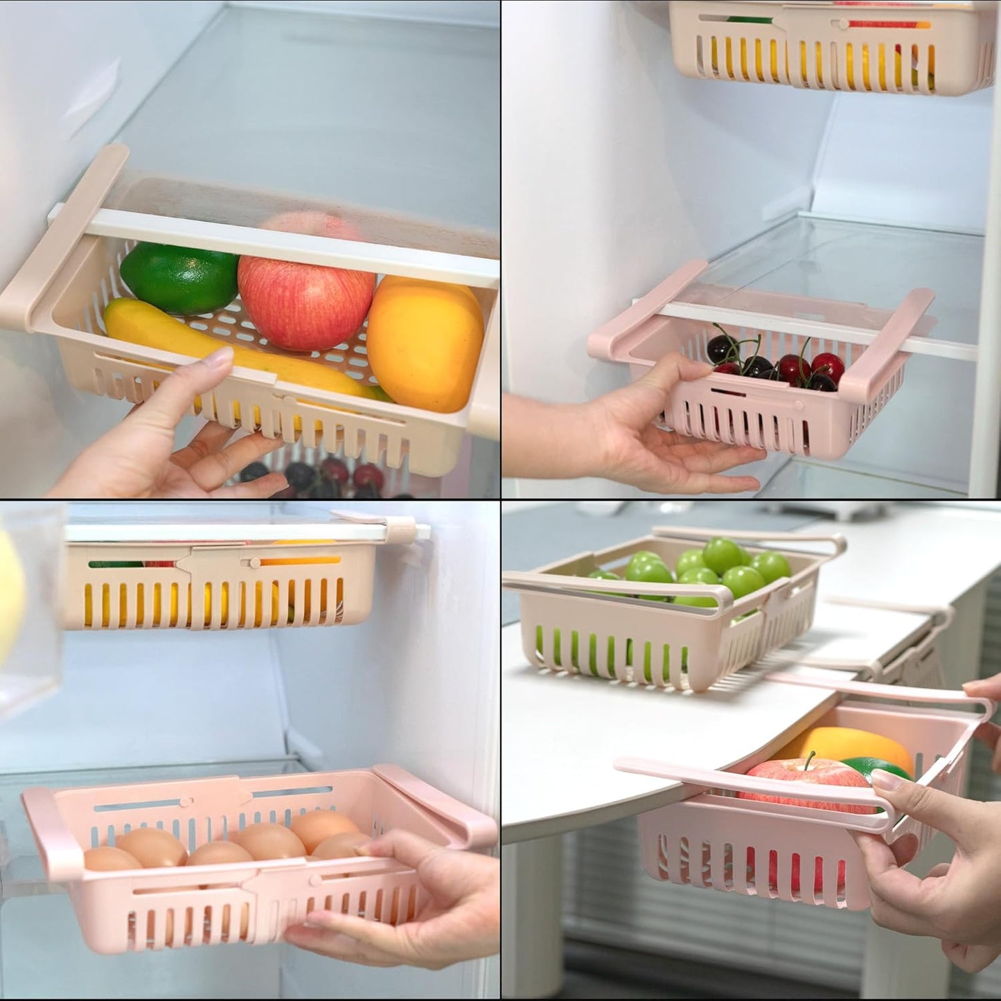 Refrigerator Drawer Organizer 2 Packs Retractable Drawer Refrigerator Storage Box, Unique Design Pull Out Storage Box, Sliding Shelves Refrigerators Hanging Organizer(Pink Khaki)