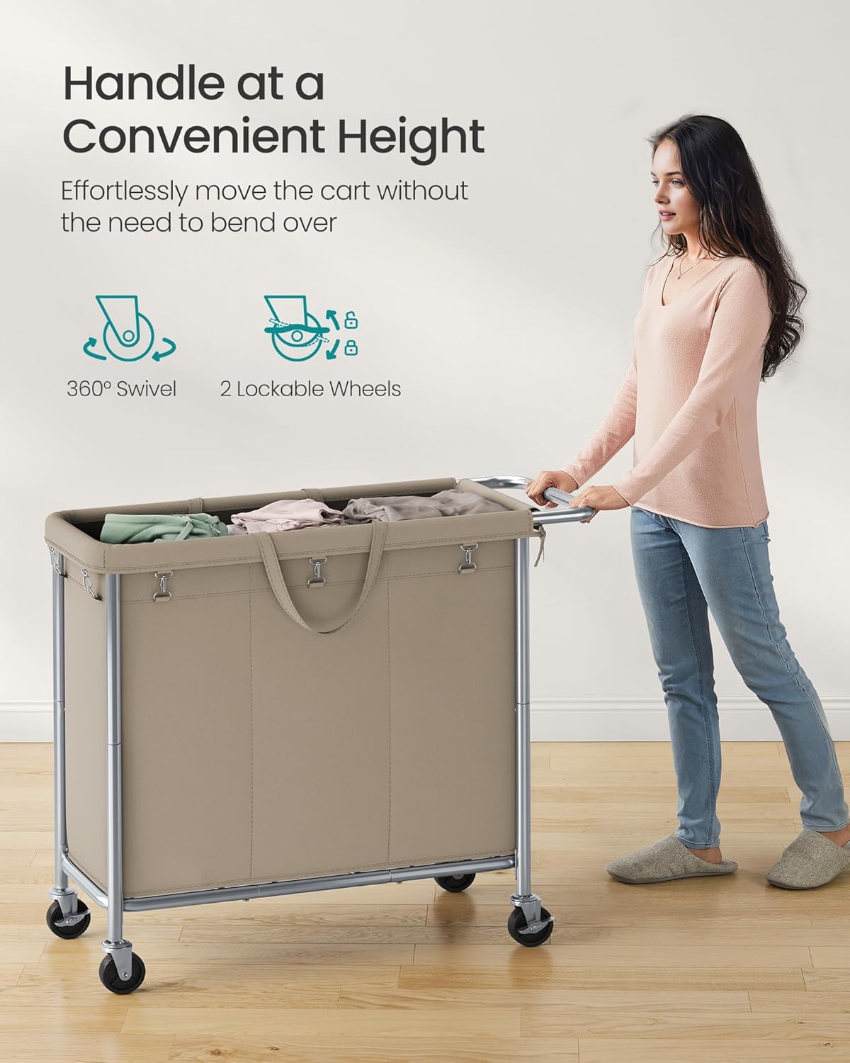 SONGMICS Laundry Basket with Wheels, 3-Section Rolling Laundry Hamper, 52.8 Gallons (200 L), Removable Liner, Steel Frame with Handle, 35.8 x 15.4 x 31.9 Inches, Camel Brown URLS005N01