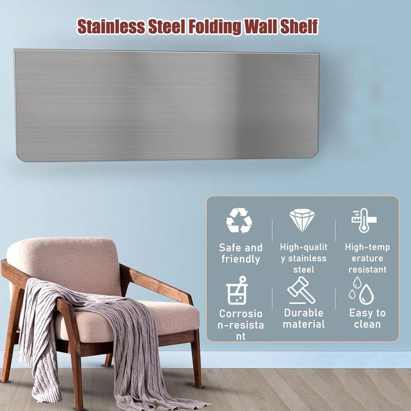 304 Stainless Steel Folding Wall Shelf Wall Mount Kitchen Storage Shelves Rounded Corners Food-Grade Folding Table Thickened Bracket for Laundry Room Garage Restaurant.(90x30cm/35.4x11.8in)
