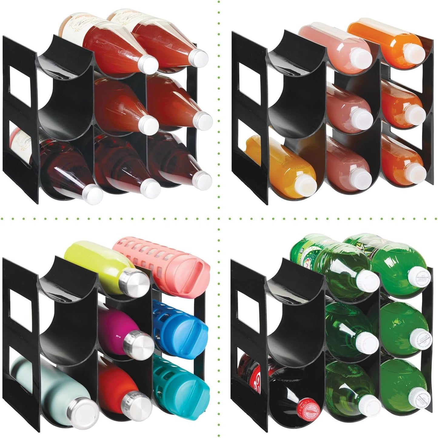 mDesign Plastic Water Bottle Organization/Wine Rack Storage Organizer for Kitchen Countertops, Cabinet, Bin, Pantry, Fridge, Refrigerator, 3 Tiers, 9 Bottles, Lumiere Collection - Black
