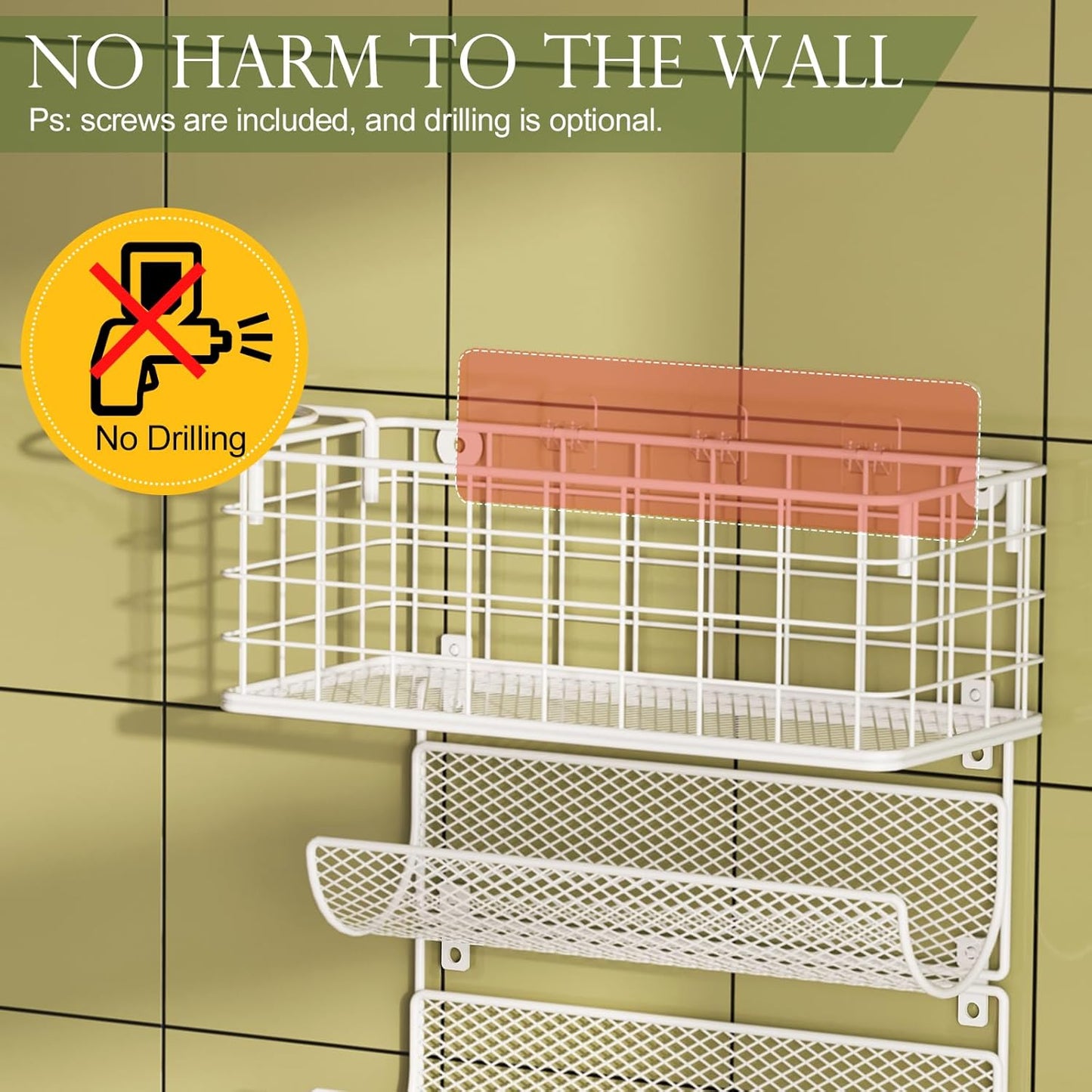 Wall-Mounted Hair Dryer Holder Styling Tool Organizer 4-Shelf Storage Wire Basket with Hook Heat Safe Rack for Hair-Straighteners,Curling Wands,Flat Iron,Cabinet Door Bathroom Kitchen White