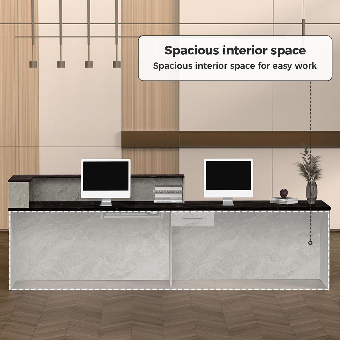 L Shape Reception Desk with Counter, Lockable Drawer, Keyboard Tray, and Double-Layer Storage for Salon, Office, or Clinic (Gray+Black/Left, 79" L*24" W*39" H)
