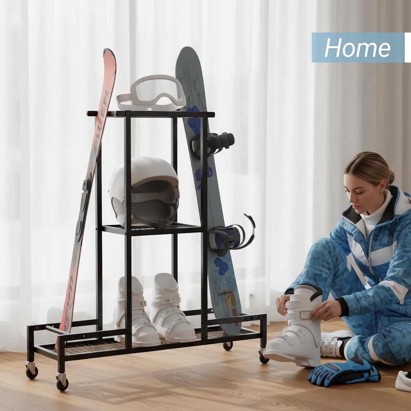 Standing Ski Storage Rack, Holds Snowboards & Skis, 3-Tier Organizer for Gear, Black - Ski Rack for Garage with Anti-Slipmat