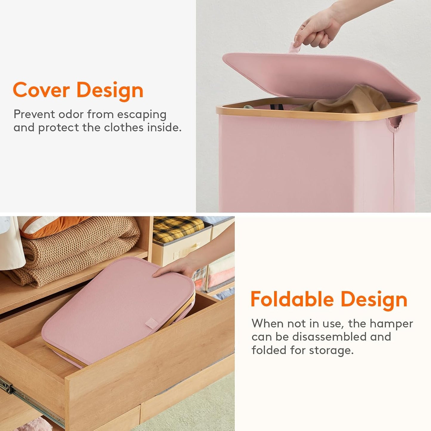 Lifewit 100L Laundry Basket with Lid, Clothes Hampers for Laundry with Bamboo Handles and A Removable Laundry Bag, Large Foldable Hamper for Bedroom, Bathroom, Dorm, Laundry Room, Pink
