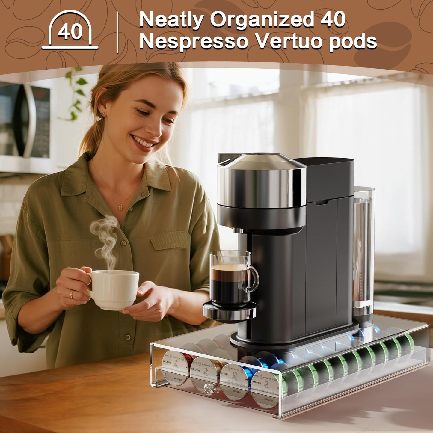 Coffee Pods Holder Acrylic Drawer Compatible with Nespresso Vertuo Capsules And Dolce Gusto Capsules 40 Pods Storage upgrade