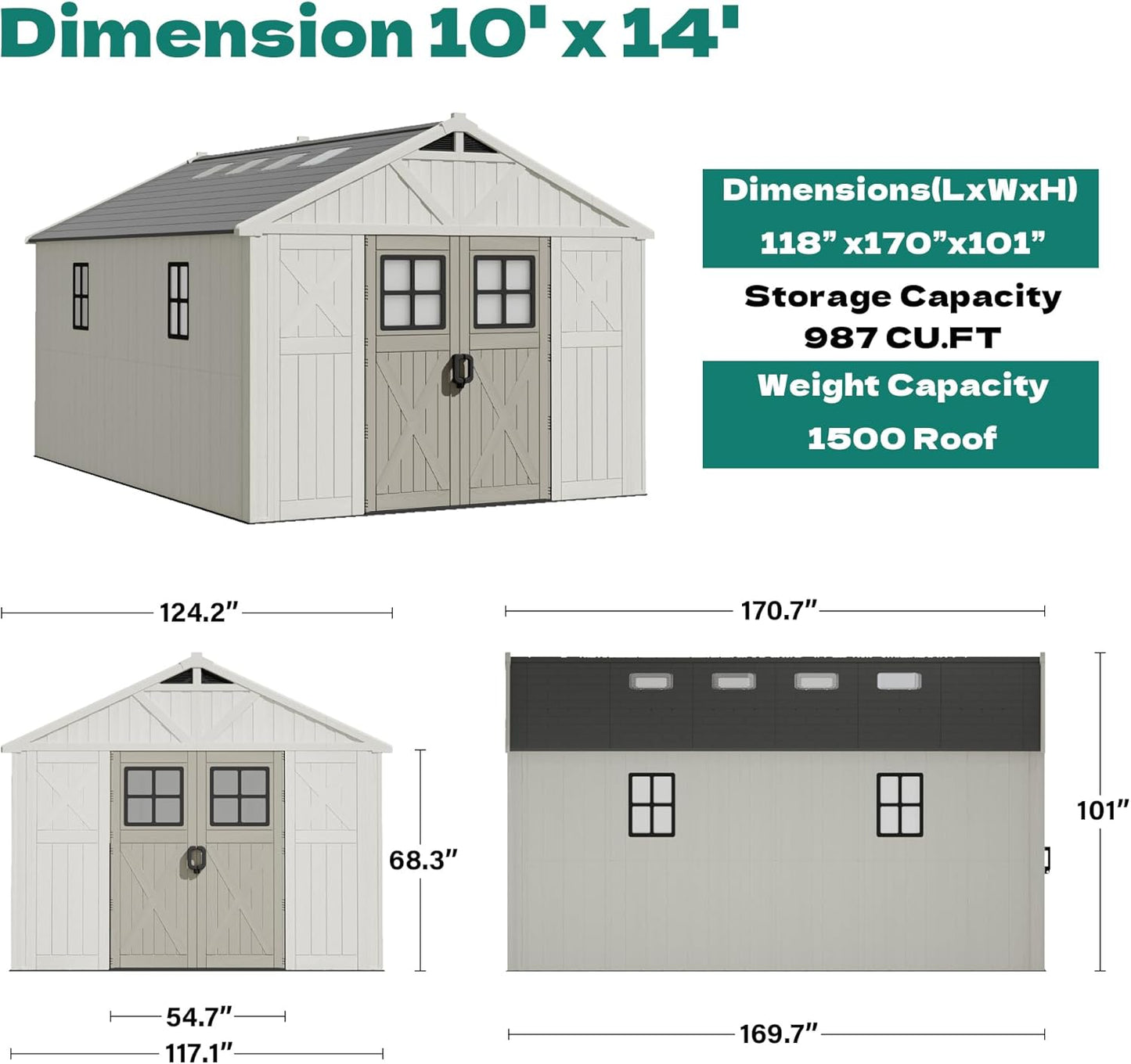 Devoko 10x14 FT Resin Outdoor Storage Shed with Floor, Plastic Tool Garden Shed with Windows & Lockable Door, Outside Large Storage Shed for Patio Backyard Lawn, Beige