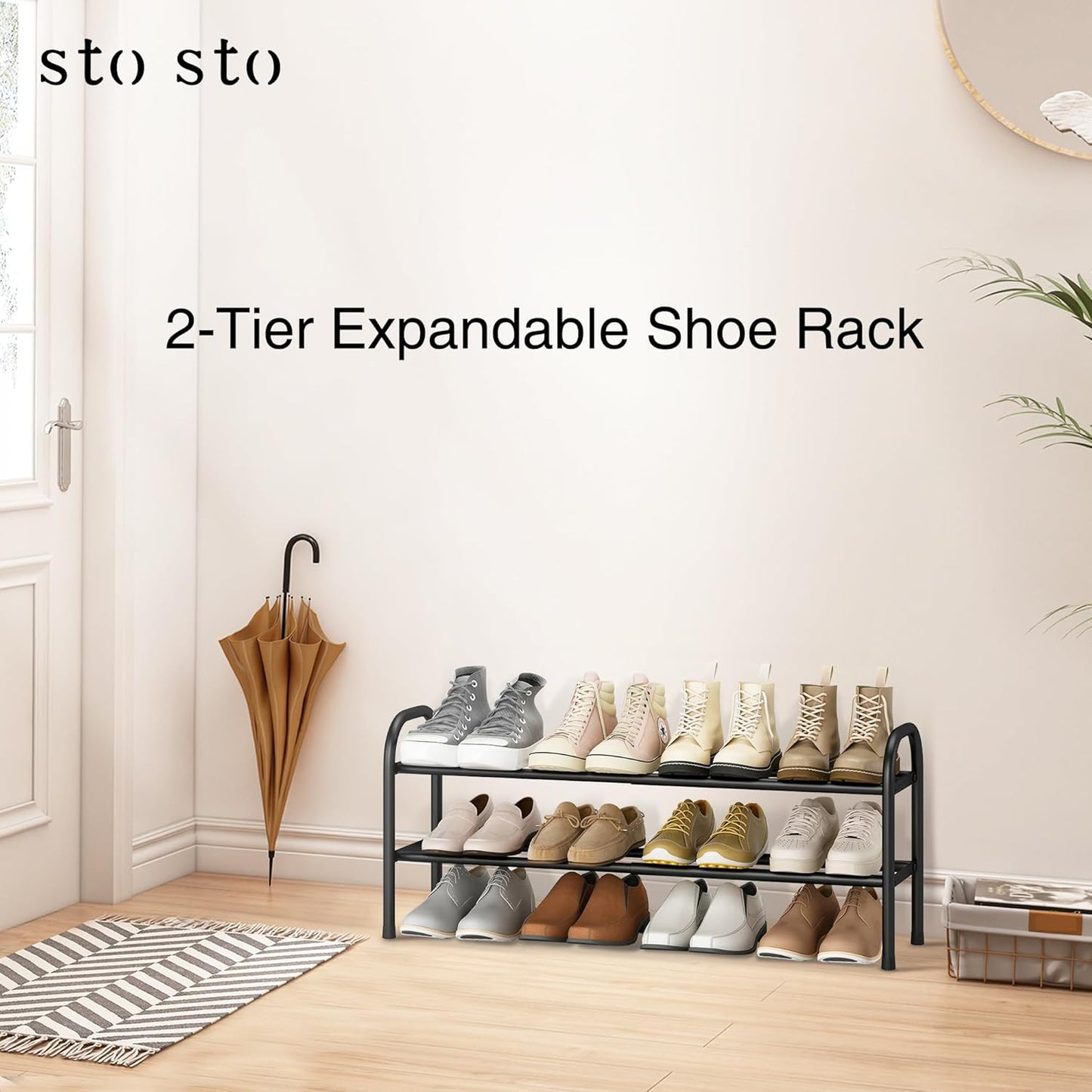 STO STO Expandable Shoe Rack, 2-Tier Metal Small Shoe Rack for Closet, Up to 12 Pairs Adjustable Shoe Rack Storage for Front Door Entrance, Free Standing Shoe Rack Organizer for Entryway, Black