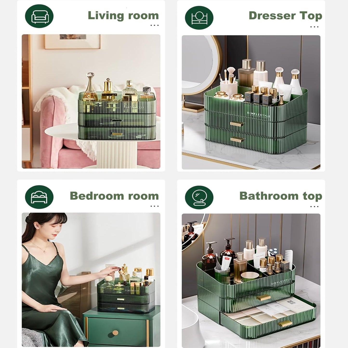 Makeup Organizer for Vanity, Large Desk Organizer with Stackable Drawers for Cosmetics, Skincare, Lipsticks, Palette, Nail Care, Ideal Storage for Dresser and Bathroom Countertop-Green