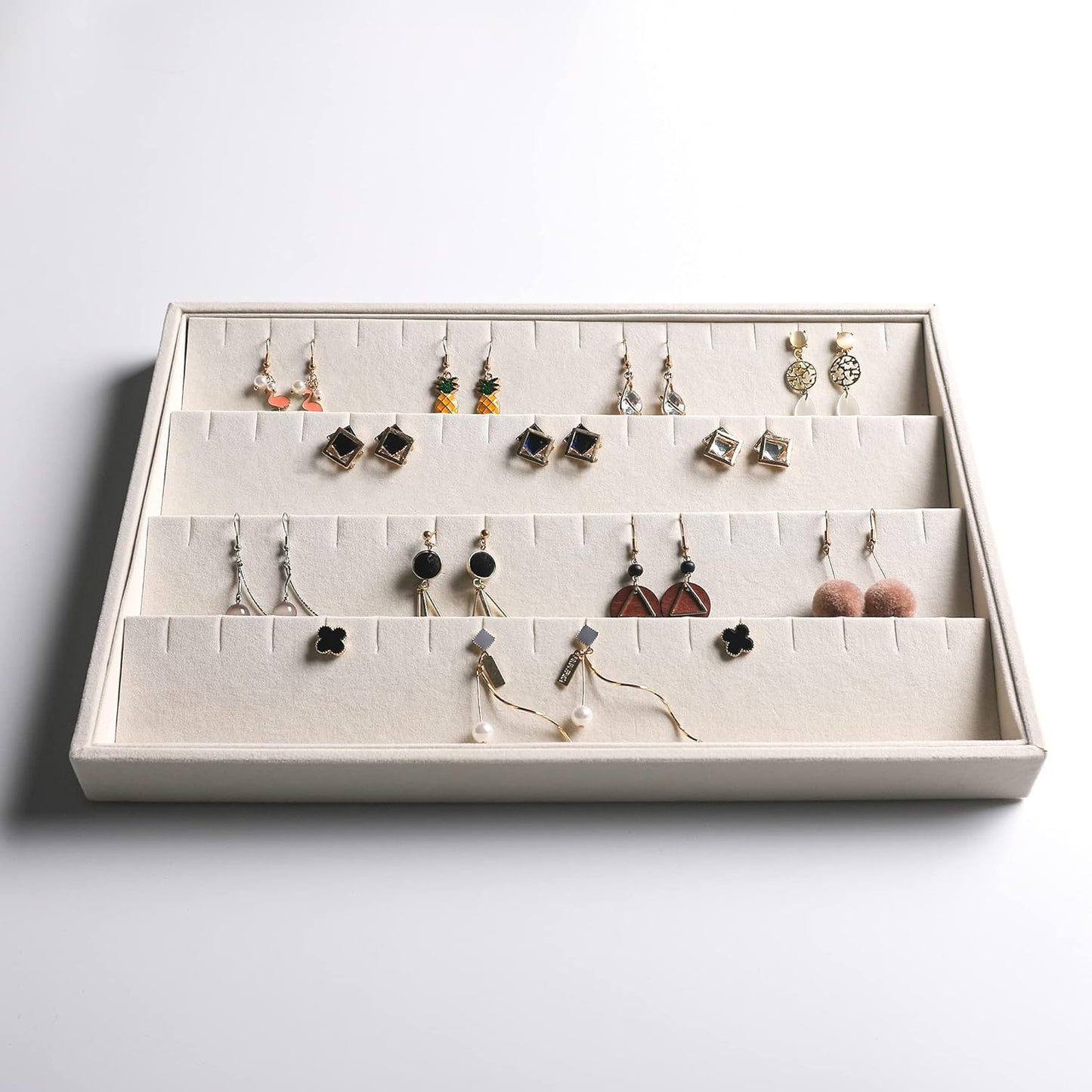Frebeauty Stackable Velvet Jewelry Organizer Trays for Drawers Inserts Jewelry Storage Tray Display Case Earrings Bracelets Necklace Rings Accessories Trays for Women Girls(Set of 4)(Beige