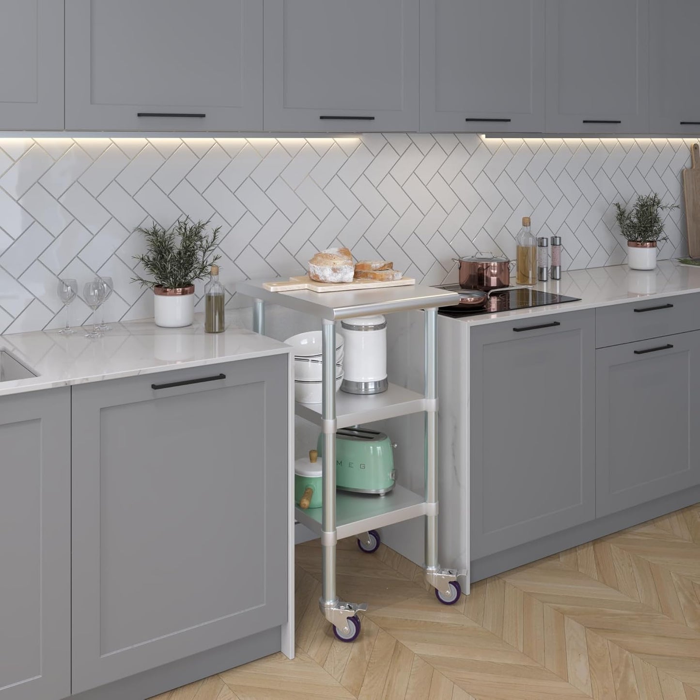 AmGood Stainless Steel Work Table with 2 Shelves and Casters | Metal Utility Table On Wheels (Stainless Steel Work Table with 2 Shelves + Casters, 18" Long x 24" Deep)