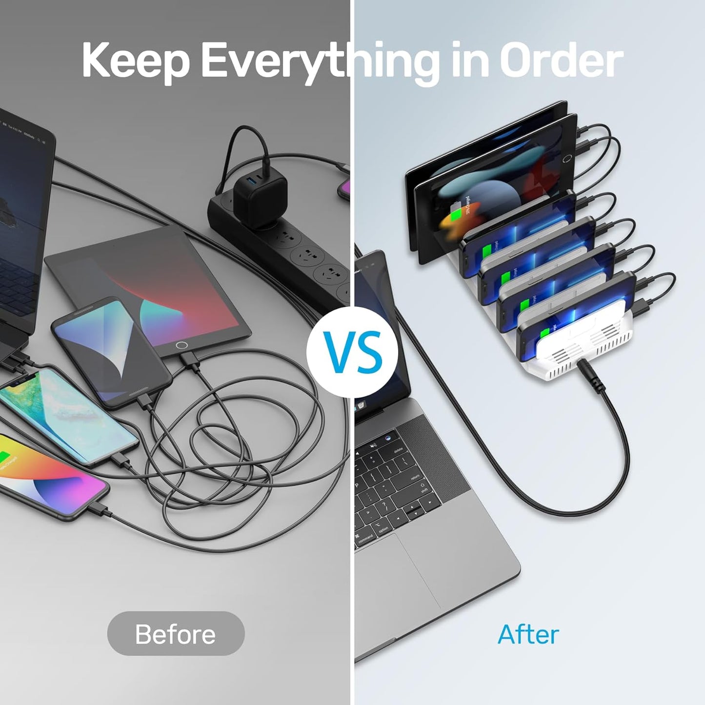 【10PCS】 Unitek Multi Charging Station, 10-Port USB Charger for Multiple Device with SmartIC Tech and Adjustable Dividers, Organizer Stand Compatible with iPad, Tablet, Kindle, iPhone - 10PCS, White