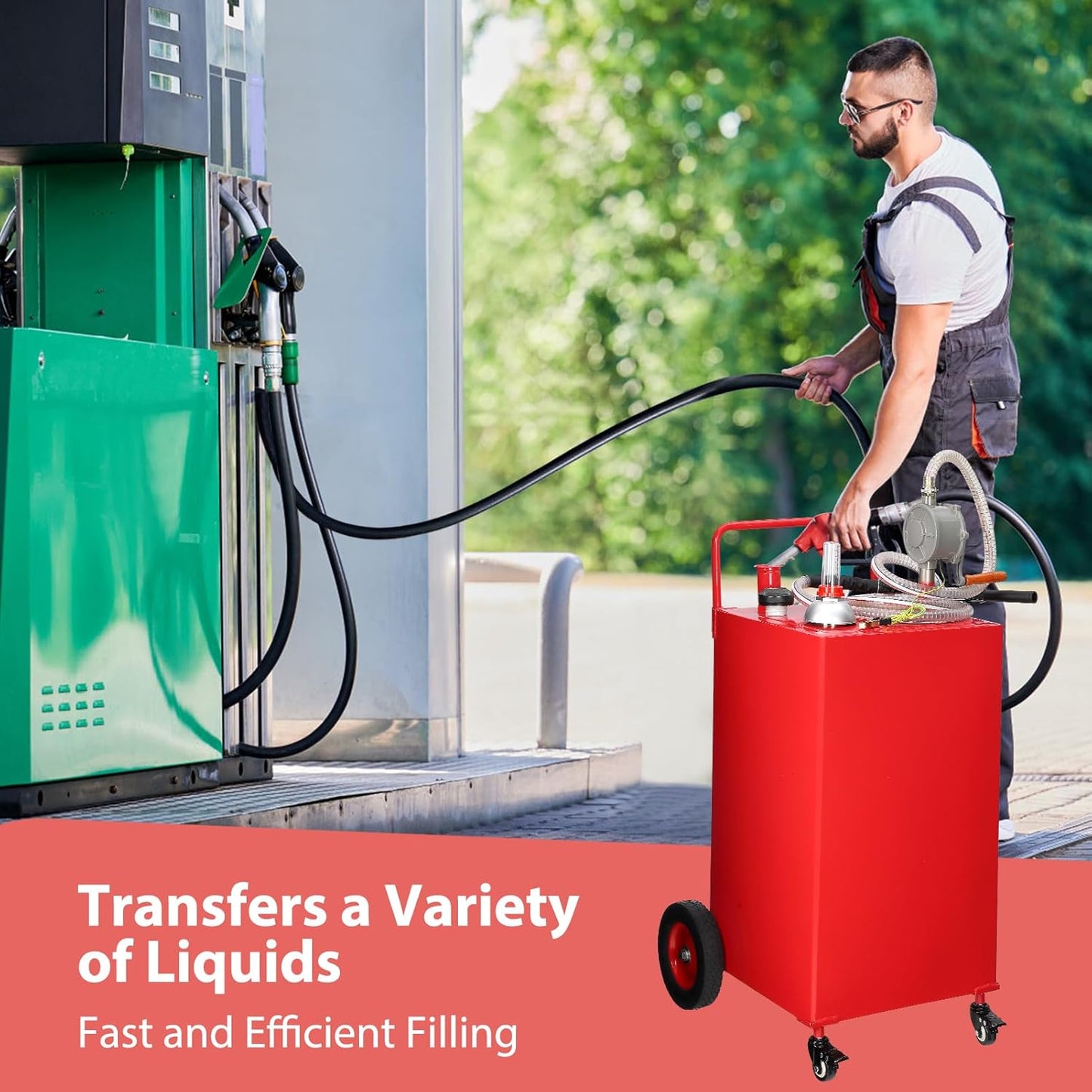 30 Gallon Gas & Diesel Fuel Caddy with Transfer Pump – Mobile Fuel Storage Tank with 4-Wheel Cart for Boats, Lawn Mowers, Snowblowers, Motorcycles & Construction Equipment - Red