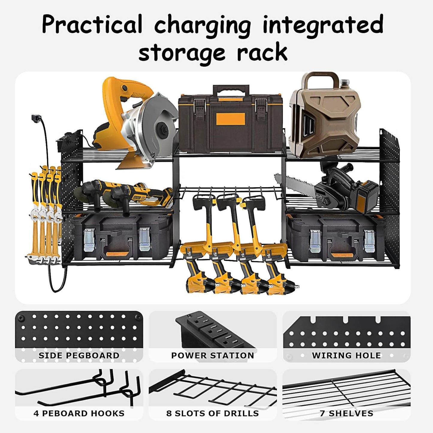 Power Tool Organizer Wall Mount, 3 Layer Tool Storage Rack, Drill Bit Heavy Duty Rack, Heavy Duty Metal Power Tools Storage Rack Tools Shelf with Charging Station for Garage Organization