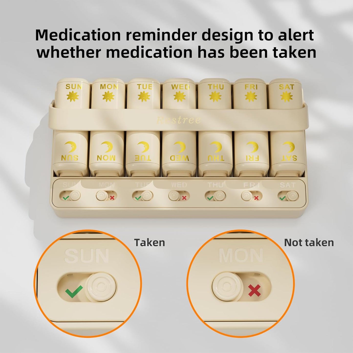 Restree Weekly Pill Organizer Two Time a Day, 7 Day Travel Pill Box, Daily Medicine Organizer, AM&PM Portable Pill Case for Vitamins Fish Oil/Supplements Medication Reminder Design (Beige)