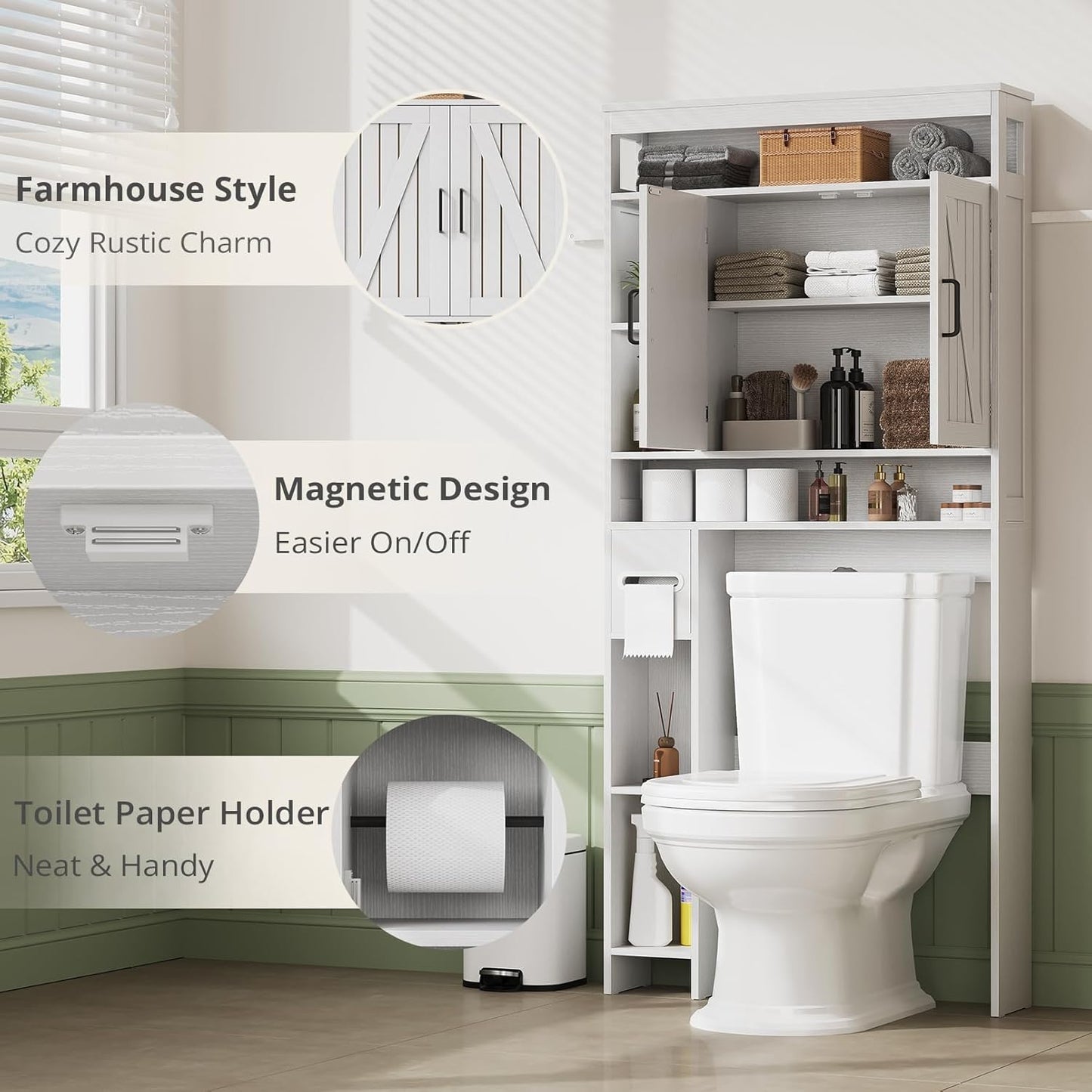 Over The Toilet Storage Cabinet with 6 Shelves, Farmhouse Bathroom Storage Cabinet with 2 Barn Door & Toilet Paper Holder Stand, Toilet Shelf with Adjustable Shelf for Bathroom Laundry