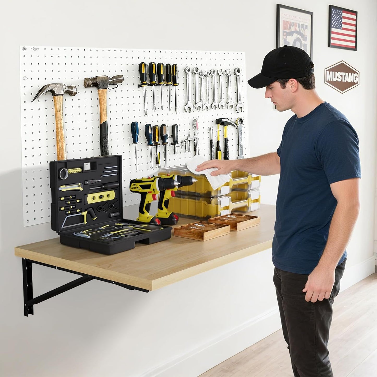 Wall Mounted Folding Workbench, 47.2 x 22.8-inch Heavy Duty Foldable Work Table, Large Surface, Collapsible Desk for Workshop, Garage, Office, Home, Holds Up to 550 lb