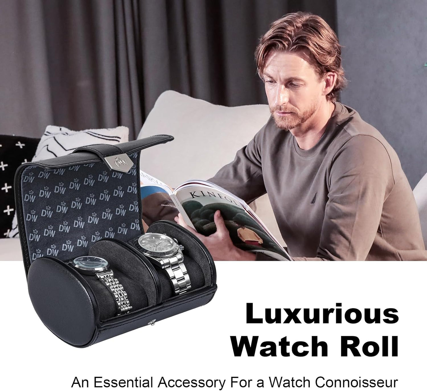 DUKWIN Watch Roll for 2 Watches,Vegan Leather Travel Watch Case Organizer with Removable Pillows for Men and Women,Display Case for Watches Collection and Gift for Anniversary Birthday(Black Storage)