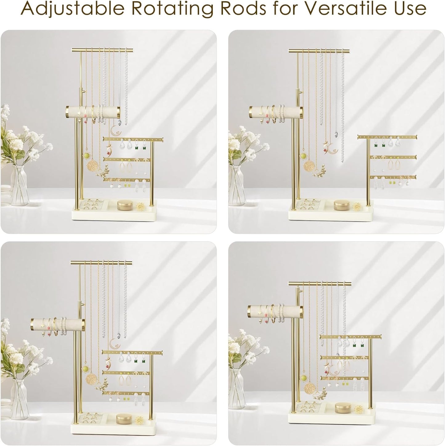 SZQINJI 5 Tier Jewelry Holder Organizer, Gold Jewelry Stand with Velvet Bracelet Holder, Adjustable Height Jewelry Display for Necklaces, Bracelets, Earrings, Rings, Gift Idea for Women, Beige
