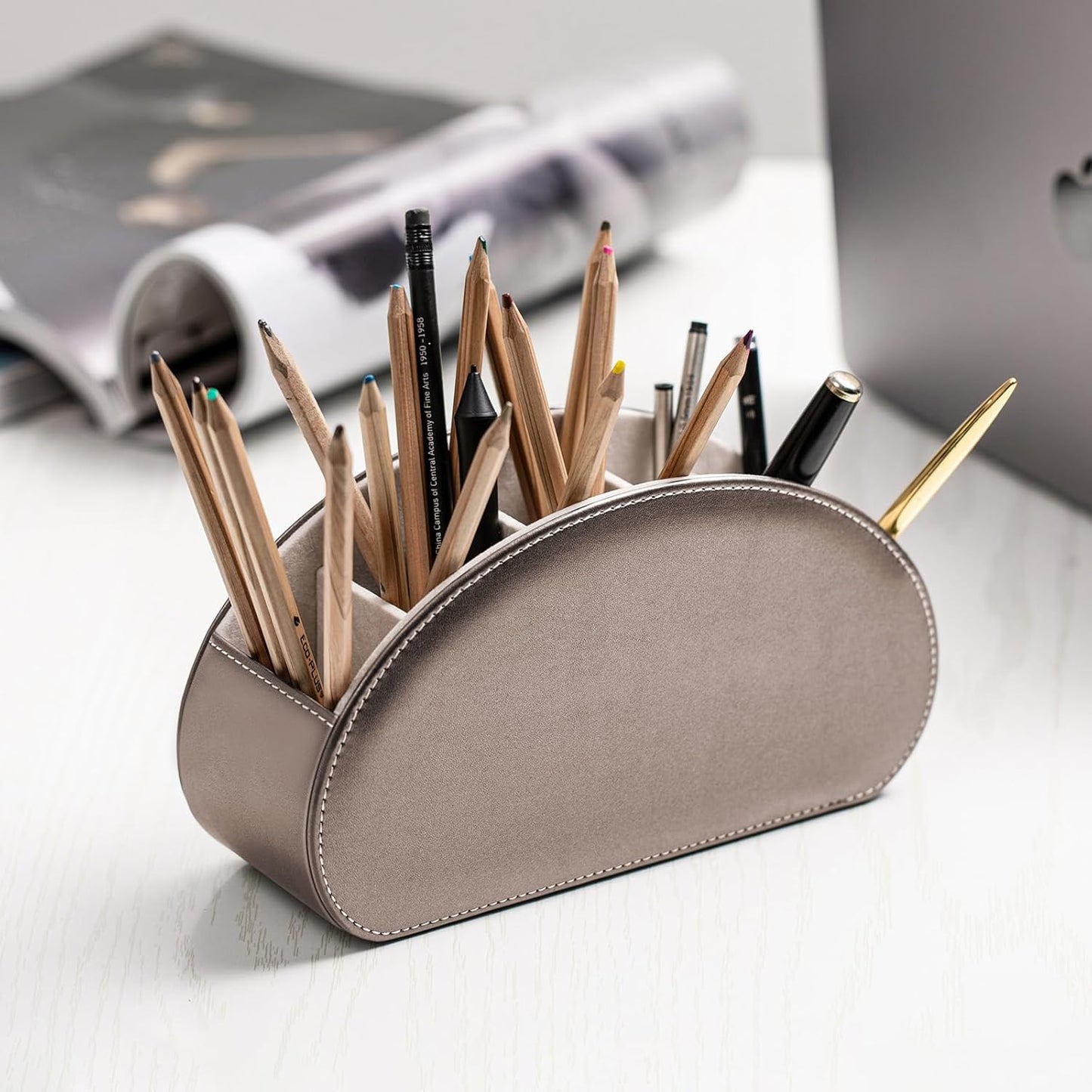 Remote Control Holders Organizer Box with 5 Compartment PU Leather Multi-functional Office Desk Storage Caddy Store Tv Remote for Media Player,Brush,Pencil,Glassees&Office Supplies (Champagne silver)