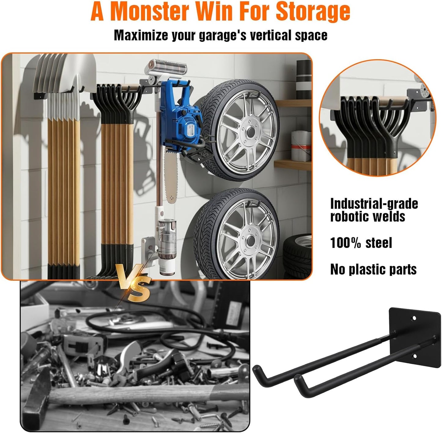 4 Pack Garage Storage System Hooks-14in Heavy Duty Tool Organizer Wall Mount Hangers, Garage Storage Utility Hooks for Car Tires, Chairs, Ladders, Ropes, Garden Tools, Power Tools