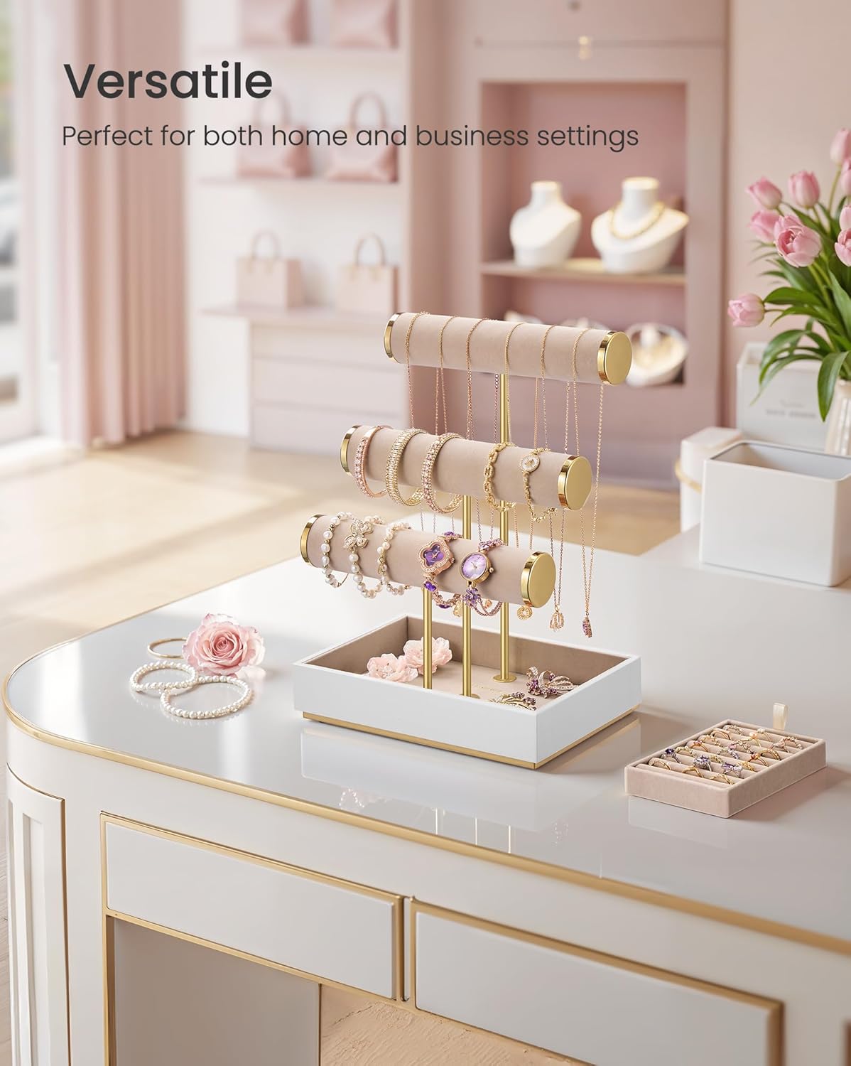 SONGMICS Bracelet Holder Stand, Jewelry Display Stand, Jewelry Organizer, with 3 Tiers and Velvet Tray, Removable Ring Holder, Christmas Gift, Cloud White and Camel Brown UJJS027A01