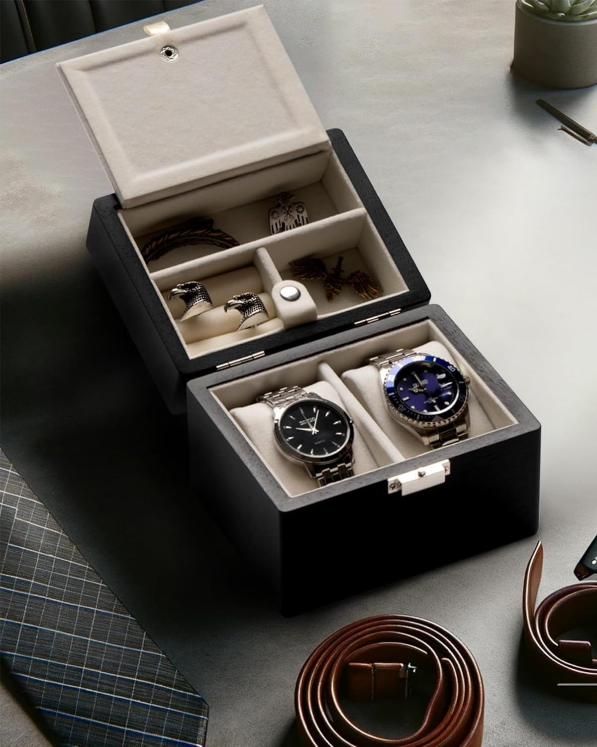 Watch Box, Watch Travel Case for Men, Wood Watch and Jewelry Holder Organizer for Woman, Portable Protection 2-Slot Watch Display Storage Case, Obsidian Black