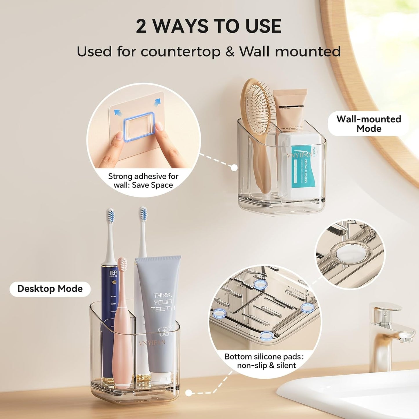 Toothbrush Holders for Bathrooms, 3 Slots Detachable Toothbrush Holder Wall Mounted with Divider, Removable Electric Tooth Brush and Toothpaste Holder Organizer for Bathroom Countertop/Kitchen/Office