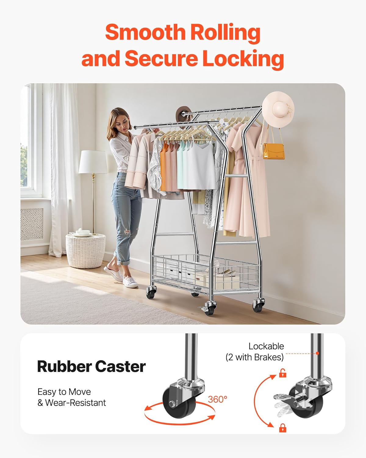 VEVOR Clothes Rack, Rolling Clothing Garment Rack, Extendable Carbon Steel Clothing Racks with Wheels for Bedroom, Laundry, Living Room