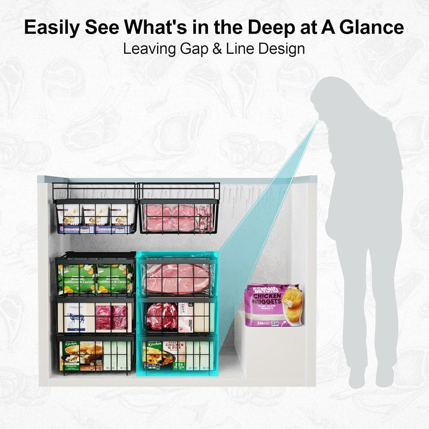 iSPECLE Large Expandable Freezer Organizer Bins - 4 Pack Chest Freezer Organizer Bins, for 10 to 20 Cu.FT Deep Freezer, 1 Hanging Basket and 3 Stackable Freezer Bins, Black