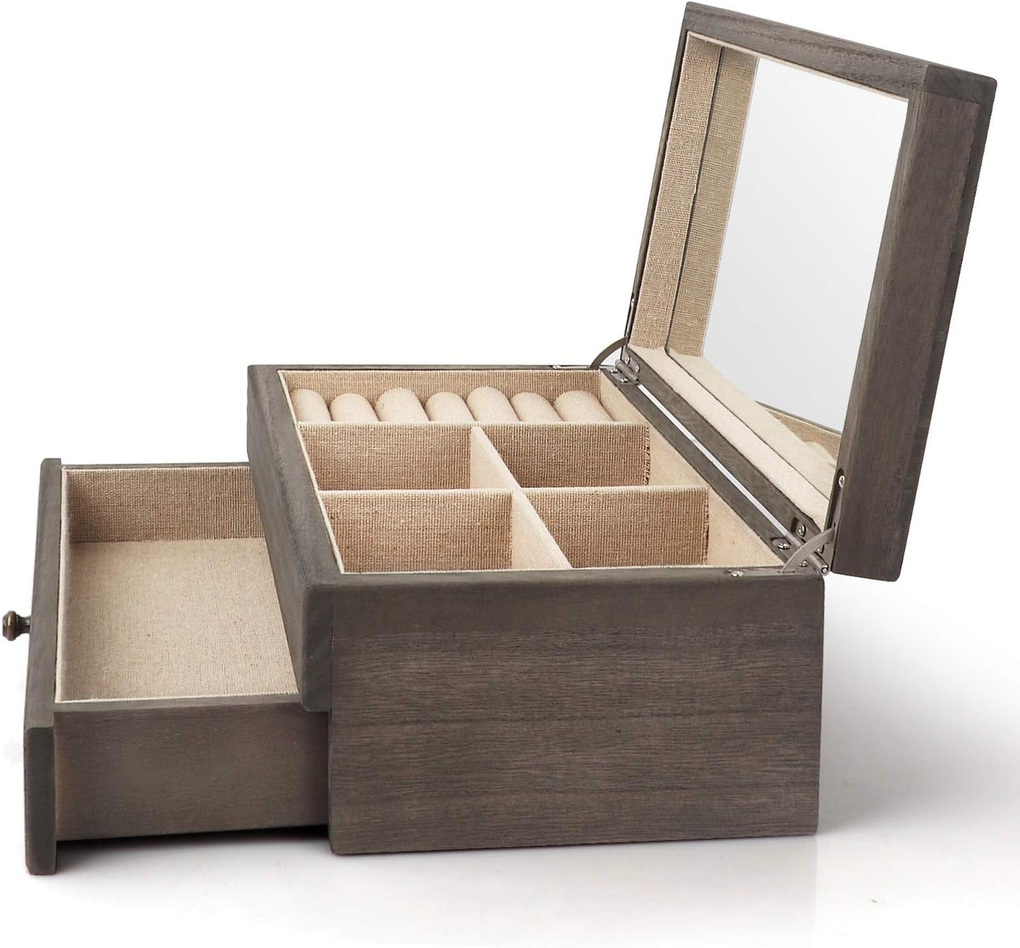 Meangood Jewelry Box Organizer for Women, 2 Layer Large Jewelry Storage Case, Rustic Wooden Jewelry Box with Mirror & Ring Tray for Necklace Earring Bracelets Rings, Vintage Style (Weathered Grey)