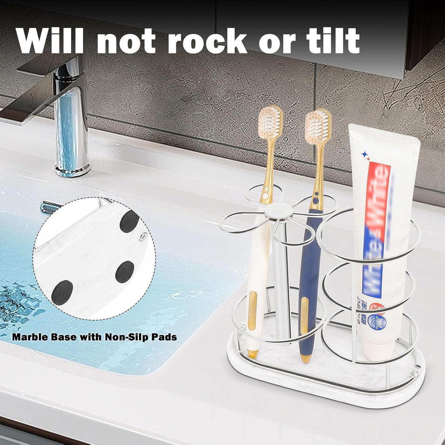 HarJue Toothbrush Holder Stand for Bathroom, Metal Toothbrush Organizer with Marble Base, Toothbrush Storage Collection for Family, Suitable for Home Hotel Countertop Vanity (Medium, Chrome Finish)