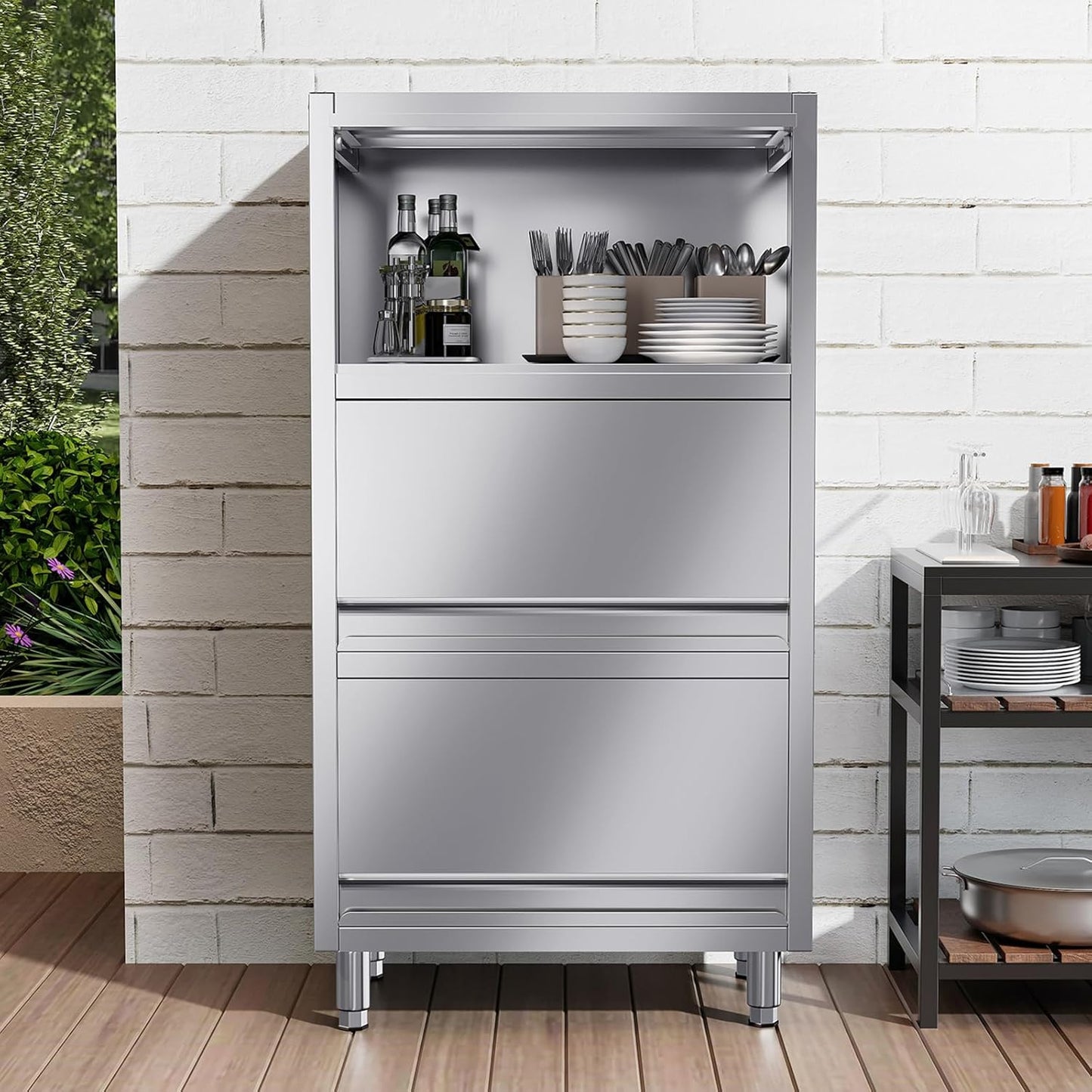 3-Tier Stainless Steel Storage Cabinet, Freestanding Commercial Kitchen Cabinet with Flip-up Doors, Heavy Duty Garage Storage Rack for Warehouse Shop, 19.69" D x 31.5" W x 59.06" H