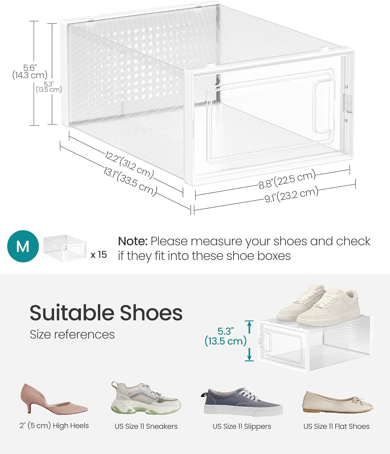 SONGMICS Shoe Boxes, Pack of 15 Shoe Storage Organizers, Stackable Clear Plastic Boxes for Closet, Sneakers, 13.1 x 9.1 x 5.6 Inches, Transparent and White ULSP015W02
