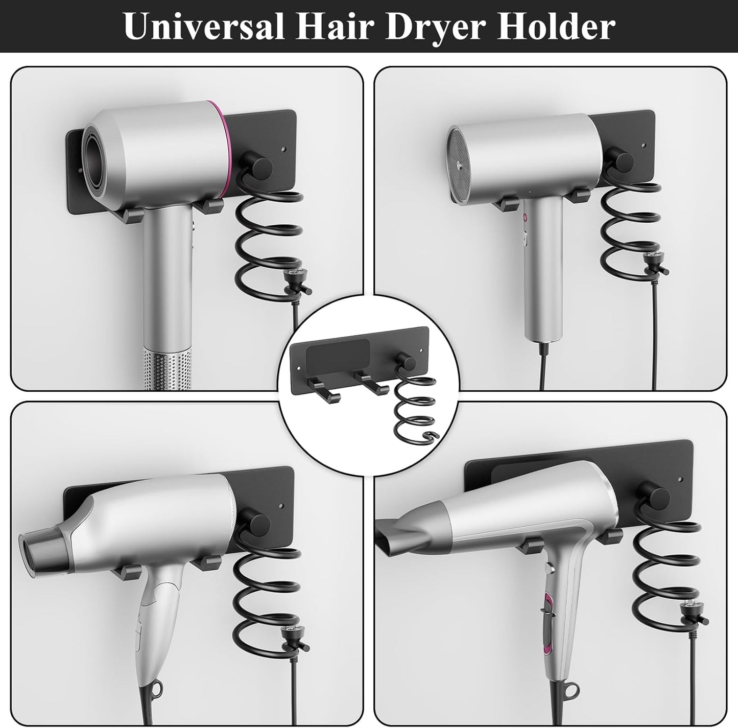 Tindbea Hair Dryer Holder + Curling Iron Holder,Blow Dryer Holder Wall Mount, Bathroom Hair Tool Organizer Rack for Universal Dryer Matte Black