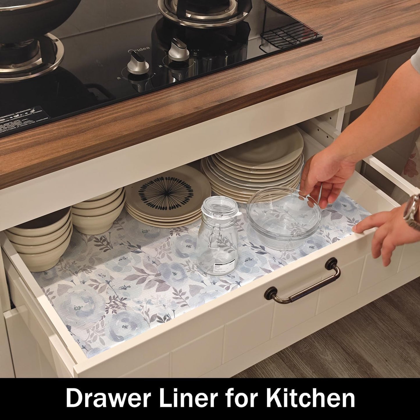 Blue Peony Shelf and Drawer Liner for Kitchen,Non-Adhesive and Strong Non-Slip Floral Cabinet Drawer Liners for Kitchen Shelf, Waterproof Cupboard Liners,Easy to Clean,12IN x 10FT